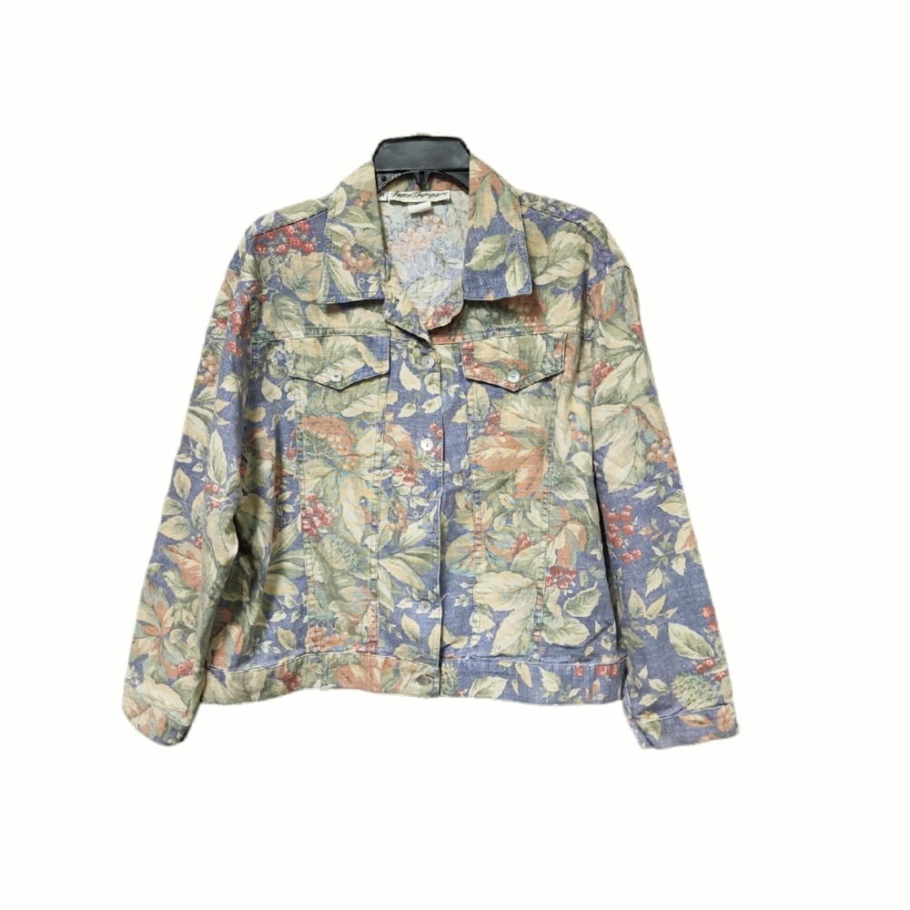 Vintage Norm Thompson Floral Print Linen/Cotton Blend Jean Jacket Size XL